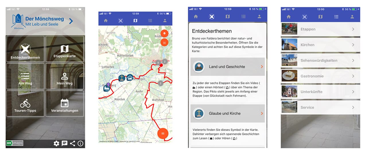 Screenshots der Mönchsweg App